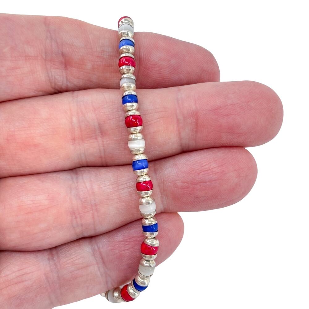 Vintage Sterling Silver 925 Red White Blue Glass Bead Heart Toggle Bracelet 7.5"